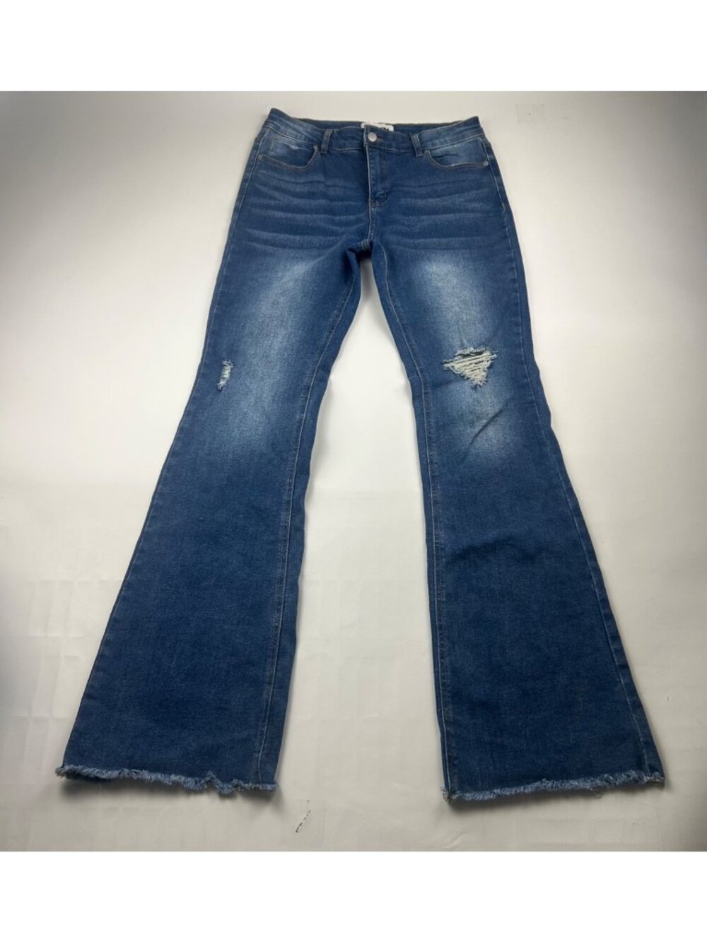 LONG Fashion Nova Blue Stretch Denim Distressed High Rise Flare Jeans 11 Long